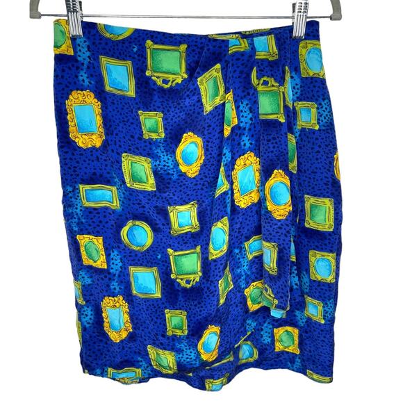Vintage Jacqueline Ferrar Cheetah Print & Picture Frame Silk Faux Wrap Skirt 12 - Picture 3 of 13